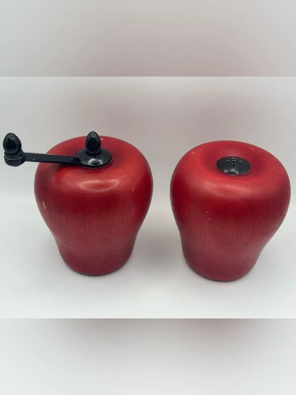 Vintage Wooden Red Apple Shaped Salt Shaker and Pepper Grinder Set Cooks Club